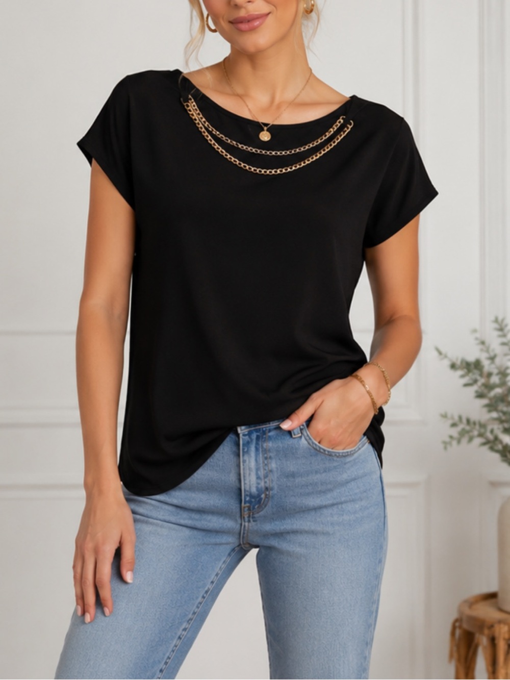 RW&CO. Black Blouse with Gold Chain Accent